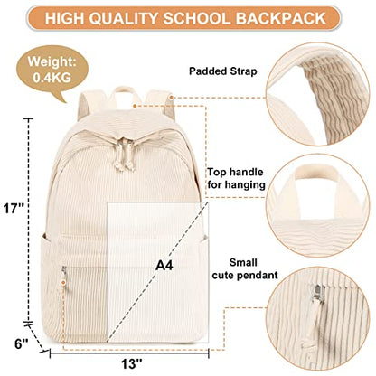 School Backpack for Teens Large Corduroy Bookbag Lightweight 17 inch Laptop Bag for Girls Women Casual High School College (Corduroy-Beige)