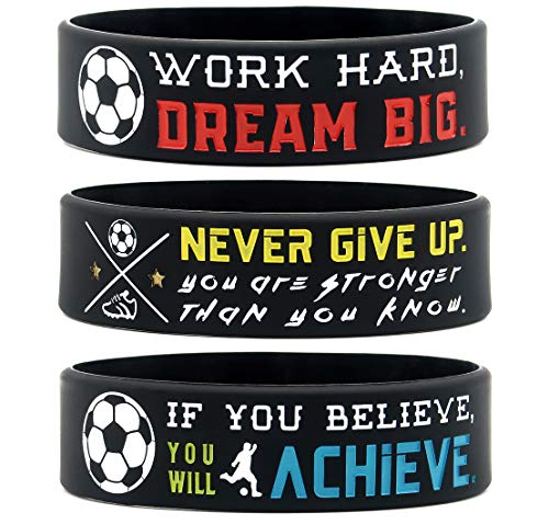 (6-Pack) Motivational Soccer Wristbands with Sports Quotes - Soccer Gifts Jewelry Accessories for Soccer Players Team Awards Party Favors - Unisex for Men Women Youth Teen Girls Boys