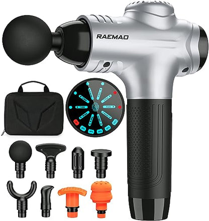 RAEMAO Massage Gun Deep Tissue, Back Massage Gun for Athletes for Pain Relief Attaching 8 PCS Specialized Replacement Heads, Percussion Massager with 10 Speeds & LED Screen, Silver