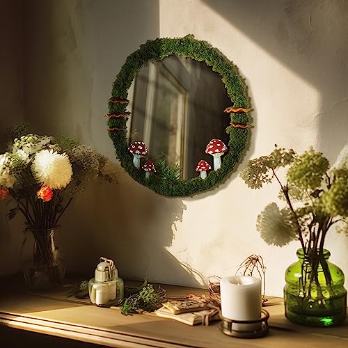 EVOLUX Mushroom Mirror Small Wall Decorative Mirror Handmade Moss Round Mirror Cottage Core Mushroom Wall Decor Room Decor Aesthetic(11")