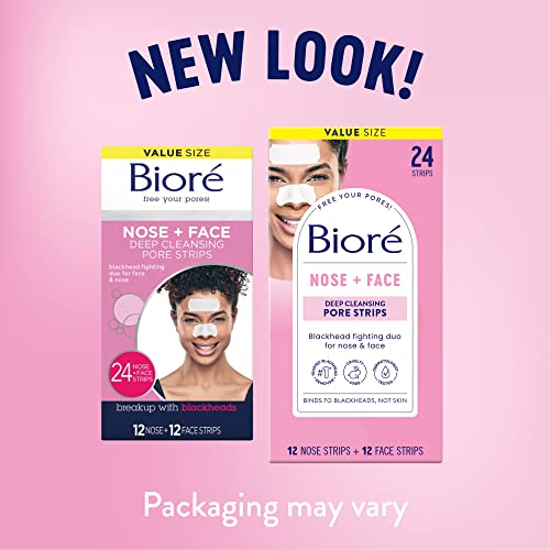 Bioré Nose+Face Blackhead Remover Pore Strips, 12 Nose + 12 Face Strips for Chin or Forehead, Deep Cleansing with Instant Blackhead Removal and Pore Unclogging, Non-Comedogenic Use, 24 Ct Value Size