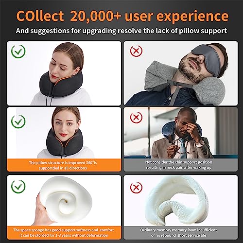 MLVOC Travel Pillow 100% Pure Memory Foam Neck Pillow, Comfortable & Breathable Cover, Machine Washable, Airplane Travel Kit with 3D Contoured Eye Masks, Earplugs, and Luxury Bag, Standard (Black)