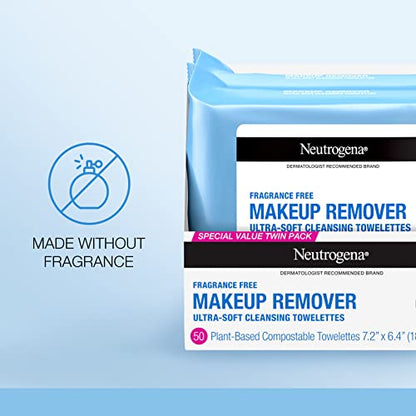 Neutrogena Fragrance-Free Makeup Remover Wipes, Daily Facial Cleanser Towelettes, Gently Removes Oil & Makeup, Alcohol-Free Makeup Wipes, 25 ct