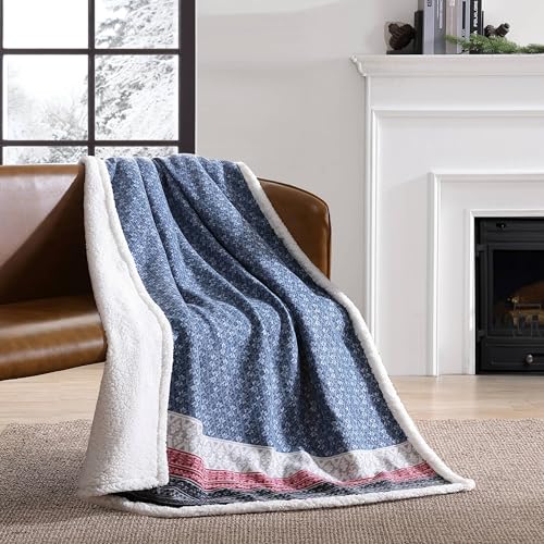 Eddie Bauer Brushed Throw Blanket Reversible Sherpa & Brushed Fleece, Lightweight Home Decor for Bed or Couch, Fair Isle Midnight