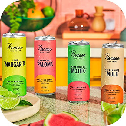 Recess Zero Proof Sampler, Craft Mocktails, Alcohol Free Drinks, With Adaptogens, Non-Alcoholic Beverage Replacement, Mixer, (12 pack sampler has 3 of each flavor: Lime "Margarita,” Grapefruit "Paloma")