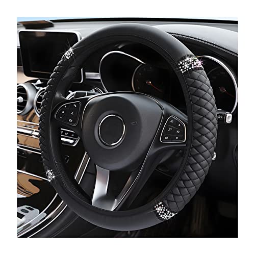 Bling Soft Leather Steering Wheel Cover, 15 Inch Colorful Rhinestones Auto Elastic Steering Wheel Protector, Sparkly Crystal Diamond for Women Girls, Car Interior Accessories for Most Cars (Black)