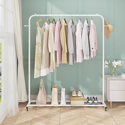 Boeeoan Garment Rack, Freestanding Simple Single Pole Clothes Rack With Wheels, Coat Rack, Multi-functional Rolling Clothing Storage Rack With 2 Hooks for Bedroom, Laundry Room, Living-room, White