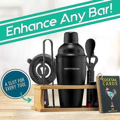 Mixology Bartender Kit - 8-Piece Black Matte Cocktail Shaker Set with Pine Wood Stand, Recipe Cards, and Bar Accessories - Christmas Gift Ideas