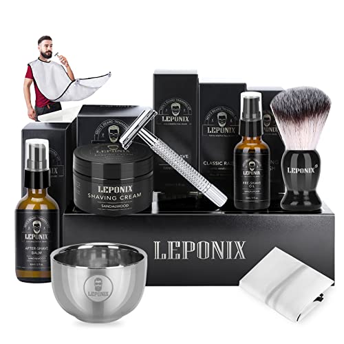 Shaving Kit for Men, Include Safety Razor, Sandalwood Shaving Cream, Mens aftershave, Pre Shave Oil, Shaving Brush, Shaving Apron Bib & Carrying Pouch-Shaving Gifts Set (Black)