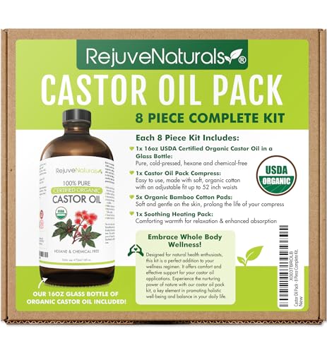 Castor Oil Pack - 8 Piece Complete Kit. Includes 16oz Glass Bottle of Organic Castor Oil, Easy to use Castor Oil Compress with Adjustable Fit, 5 Soft Cotton Pads & Soothing Heat Pack..