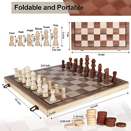 Demiwise 15" Wooden Chess Sets,Chess & Checkers Set with 2 Extra Queens,Foldable Wooden Chess Set Board for Adults and Kids,Handmade Portable Chess Board Game for Familly Travelling