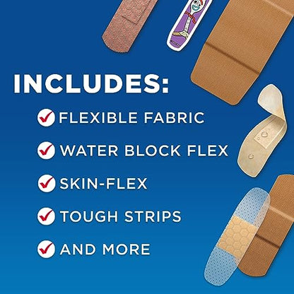 Band-Aid Adhesive Bandage Family Variety Pack in Assorted Sizes Featuring Water Block & Skin Flex, Flexible Fabric, Tough Strips & Pixar Character Bandages, 110 Count