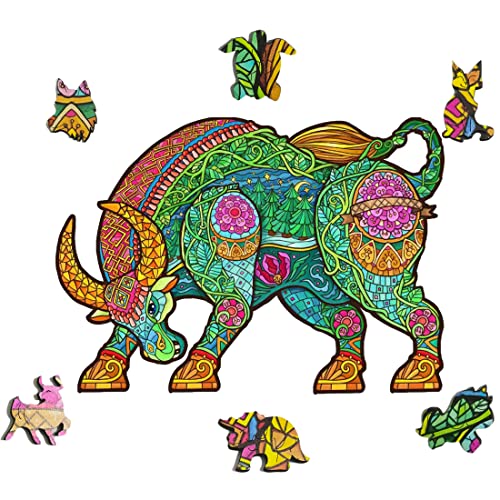 Wooden Puzzle for Adults, Unique Animal Shaped Wooden Jigsaw Puzzles with 168 Pieces, Sturdy Laser Cut Wood Jigsaw Puzzles, Good Families Games and Gifts (Bull, Large Size)