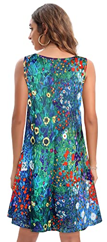 Summer T-Shirt Dress for Women Sleeveless Beach Bohemian Floral Sundress Tunic Swing Casual Loose Pockets(Blue Garden Floral,L)