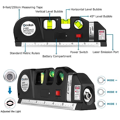 Laser Level Line Tool, Qooltek Multipurpose Cross Line Laser 8 feet Measure Tape Ruler Adjusted Standard and Metric Rulers for hanging pictures