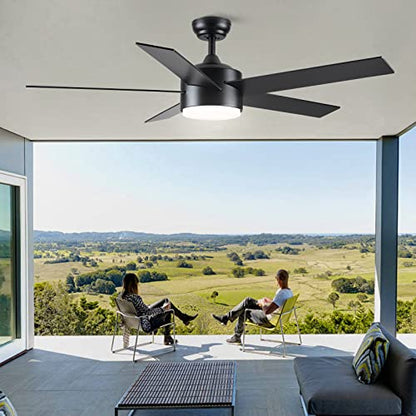 POCHFAN 52 inch Black Ceiling Fans with Lights and Remote Control, Dimmable 3-Color Ceiling Fan with Light, Wooden Quiet Reversible Modern Ceiling Fan for Bedroom, Living Room, Dining Room, Patios