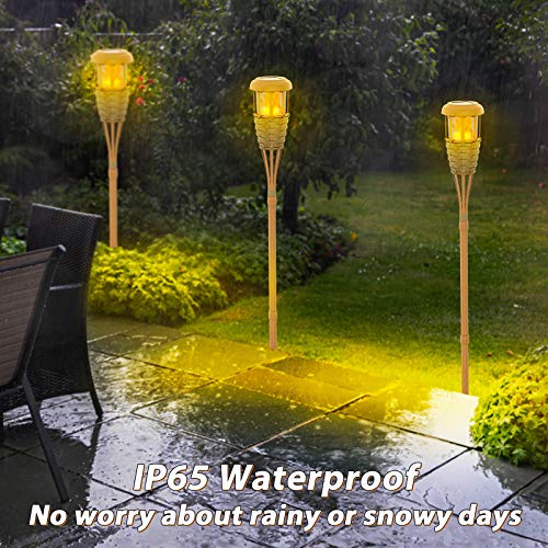 Evelynsun Flickering Flames Solar Powered Lights - Upgraded Solar Torches Waterproof Outdoor Decorative Lighting Auto On/Off, Handmade Bamboo Finish, 2-Pack