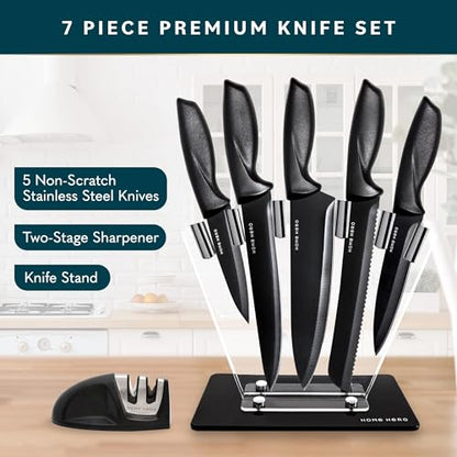 Home Hero Kitchen Knife Set, Chef Knife & Kitchen Sashimi Knives - Ultra-Sharp High Carbon Stainless Steel Knives with Ergonomic Handles (7 Pcs - Black)