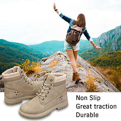 Athlefit Women's Work Waterproof Hiking Combat Boots Lace up Low Heel Booties Ankle Boots size 8 Khaki