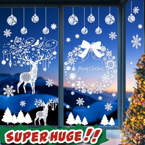 Super Huge Christmas Window Clings Static Snowflake Christmas Decorations, Reindeer Xmas Decor Winter Wonderland Decorations Window Stickers Decals for Indoor Christmas Decoration Party (4 Sheets)