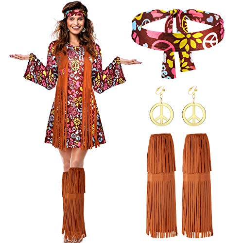 SATINIOR Women Hippie Costume Set Peace Sign Earring Necklace Headband Dress Ankle Socks