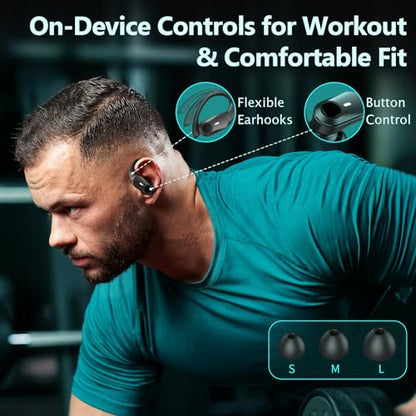 GOLREX Ear Buds Bluetooth Headphones Wireless Earbuds 36Hrs Playback Wireless Charging Case Digital Display Over-Ear Earphones with Earhook Waterproof Headset with Mic for Sport Running Workout Black