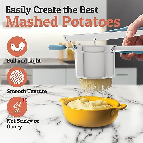 PriorityChef Large 15oz Potato Ricer, Heavy Duty Stainless Steel Potato Masher and Ricer Kitchen Tool, Press and Mash Kitchen Gadget For Perfect Mashed Potatoes - Everytime, Silver and Turquoise