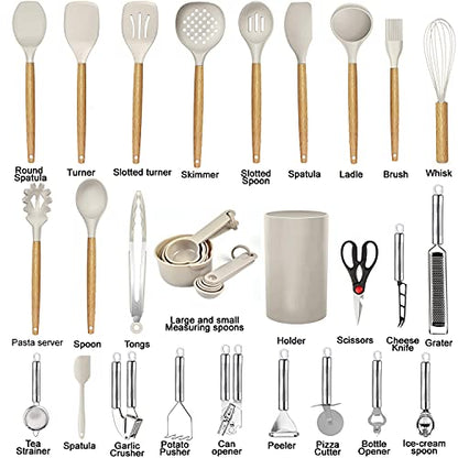 Kitchen Utensils Set- 35 PCs Cooking Utensils with Grater,Tongs, Spoon Spatula &Turner Made of Heat Resistant Food Grade Silicone and Wooden Handles Kitchen Gadgets Tools Set for Nonstick Cookware