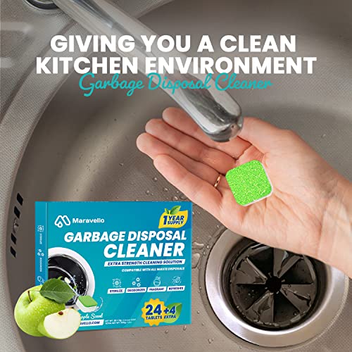 Garbage Disposal Cleaner and Deodorizer 28 Tablets: Maravello Sink Foaming Garbage Disposer Freshener - Kitchen Drain Cleaning Pods with Apple Fresh Formula - 1 Year Supply