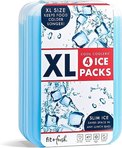 Fit & Fresh XL Cool Coolers Freezer Slim Ice Pack for Lunch Box, Set of 4, Xtra Large, Blue, 4 count (Pack of 1)