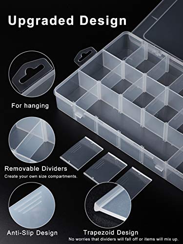 iBune 18 Grids Large Plastic Compartment Container, Bead Storage Organizer Box Case with Adjustable Removable Dividers for Jewelry Craft Tackles Tools, Size 11.7 x 7.7 x 1.7 in, White