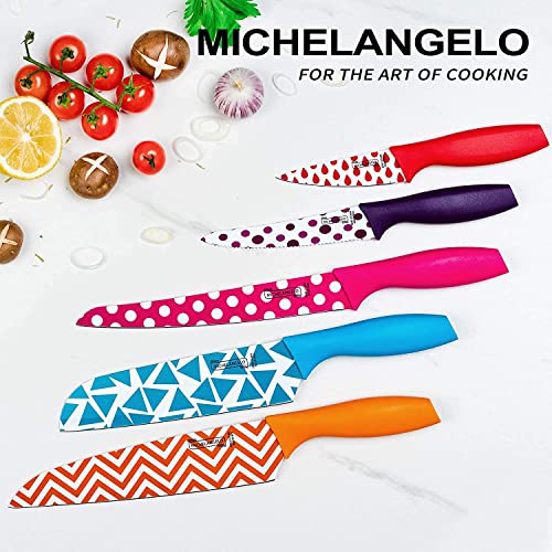 MICHELANGELO Knife Set, Kitchen Knife 10 Piece with Nonstick Colored Coating, Sharp Stainless Steel Kitchen Knife Set, Patterned Knives with Covers, Kitchen Knives, 5 Knives & 5 Sheath Covers