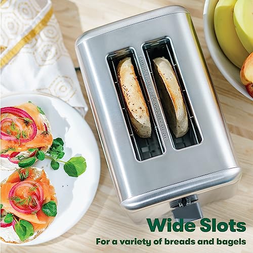 BELLA Stainless Steel 2 Slice Toaster with Extra Wide Slots & Removable Crumb Tray - 6 Browning Options, Auto Shut Off & Reheat Function - Toast Bread, Bagel & Waffle