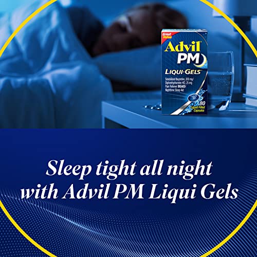 Advil PM Liqui-Gels Pain Reliever and Nighttime Sleep Aid, Pain Medicine with Ibuprofen for Pain Relief and Diphenhydramine HCL for a Sleep Aid - 2x80 Liquid Filled Capsules