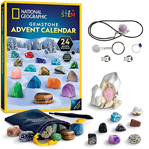 NATIONAL GEOGRAPHIC Gemstone Advent Calendar - 2023 Advent Calendar for Kids with 24 Gemstones to Open Each Day, a Complete Rock Collection Christmas Countdown Calendar with Mini Gemstone Dig Kit