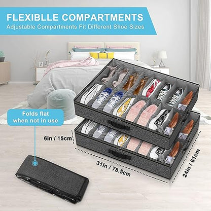 2 Pack Under Bed Shoe Storage Organizer for Closet, Fits Total 32 Pairs Foldable Underbed Shoes Containers Boxes Under the Bed Storage Bedding with Sturdy Handles&Clear Window for College Dorms, Grey