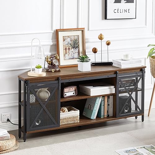 HOMISSUE Corner TV Stand for TVs Up to 60 Inch, TV Console Table with Storage Cabinets, Modern Corner TV Stand with Power Outlet, Industrial TV Stand with Sliding Door for Living Room, Bedroom, Brown