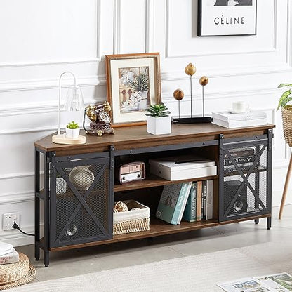 HOMISSUE Corner TV Stand for TVs Up to 60 Inch, TV Console Table with Storage Cabinets, Modern Corner TV Stand with Power Outlet, Industrial TV Stand with Sliding Door for Living Room, Bedroom, Brown