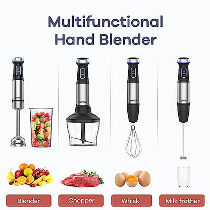 Ganiza Immersion Blender 5 in 1 Hand Blender 800W Heavy Duty Motor, 15 Speed and Turbo Mode Handheld Blender Stainless Steel Blade With 800ml Mixing Beaker, 600ml Chopper, Whisk and Milk Frother