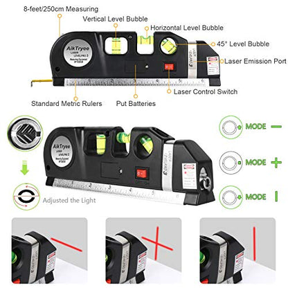 Laser Level Line Tool, Multipurpose Laser Level Kit Standard Cross Line Laser level Laser Line leveler Beam Tool with Metric Rulers 8ft/2.5M for Picture Hanging cabinets Tile Walls by AikTryee.