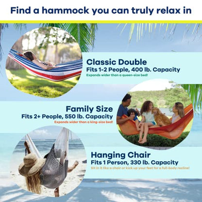 Handwoven Hammock by Yellow Leaf Hammocks - Double Size, Fits 1-2 PPL, 400lb max - Weathersafe, Super Strong, Easy to Hang, Ultra Soft, Artisan Made - Color: Stripe Navy Blue - White