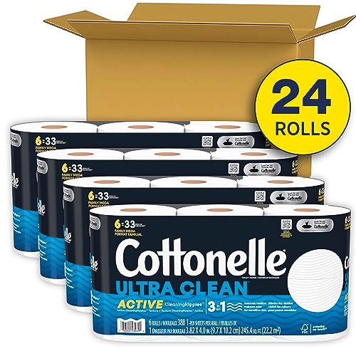 Cottonelle Ultra Clean Toilet Paper with Active CleaningRipples, 1- Ply, 24 Family Mega Rolls (4 Packs of 6) (24 Family Mega Rolls= 132 Regular Rolls), 388 Sheets per Roll, Packaging May Vary