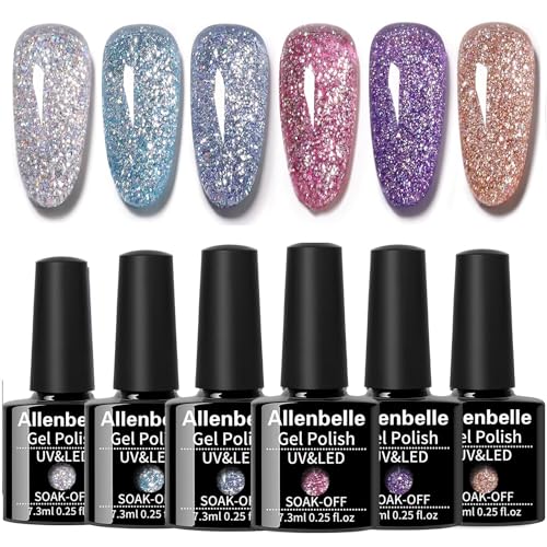 Allenbelle Gel Nail Polish Set,Glitter Gel Nail Polish Kit,Glitter Gel Polish Gel Nail Kit, UV LED Soak Off Glitter Nail Polish Gel Set Nail Art