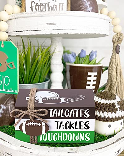 Xylolfsty Football Book Stack with Wooden Football Ornament Football Tiered Tray Decor Tailgates Tackles Touchdowns Decorative Wood Books Collections for Boys Room Shelf Table Fall Home Decorations