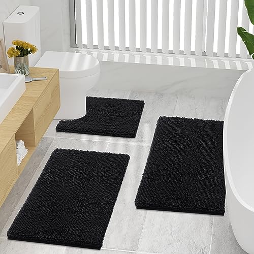 smiry Luxury Chenille Bath Rug, Extra Soft and Absorbent Shaggy Bathroom Mat Rugs, Machine Washable, Non-Slip Plush Carpet Runner for Tub, Shower, and Bath Room(24''x16'', Black)