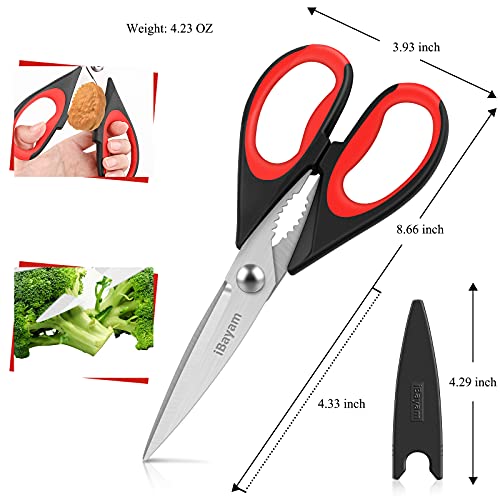 iBayam Kitchen Scissors/Shears Heavy Duty Meat Shears, Dishwasher Safe Food Cooking Poultry Scissors All Purpose Stainless Steel Utility Scissors, 2-Pack (Black Red, Black Gray)