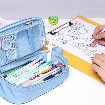 SPACEMATE Heavy Duty Canvas Pencil Case Pouch Bag - Holds 50-100 Pencils - Large Big Capacity Aesthetic Pen Case School Supplies for Back to School College Students (Light Blue)