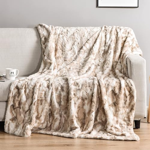 Throw Blanket, 50" x 60" Super Soft Fuzzy Warm Thick Faux Fur Throw Blanket for Couch Bed Sofa, Luxurious Thick Cozy Fall Throws Blankets for Living Room, Marbled Ivory