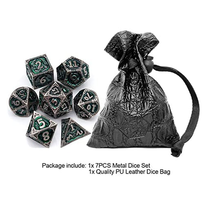 Haxtec DND Dice Set Metal D&D Dice Set with Leather Dice Bag Antique Iron Green Metal Polyhedral Dice for Dungeons and Dragons TTRPG Gifts