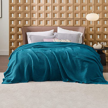 Bedsure 100% Cotton Blankets Queen Size for Bed - 405GSM Waffle Weave Blankets for All Seasons, Cozy and Soft Woven Blankets, Lightweight Fall Blankets, Teal, 90x90 Inches